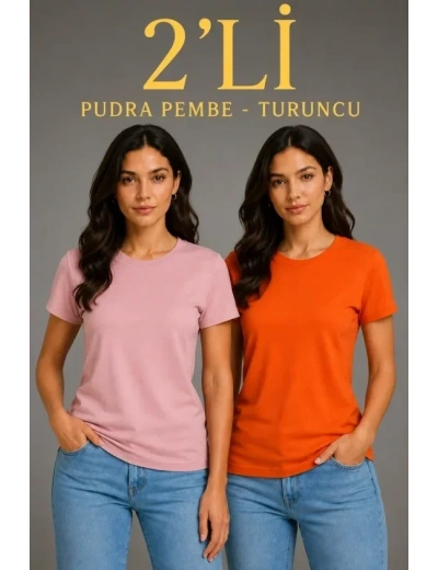 Basic Bisiklet Yaka Yazlık Slim Fit T-Shirt - Pudra Pembe - Turuncu