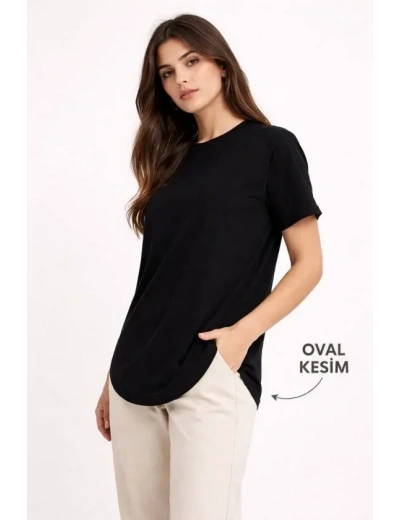 Basic T-Shirt Kısa Kol Bisiklet Yaka Oval Kesim Tişört - Siyah