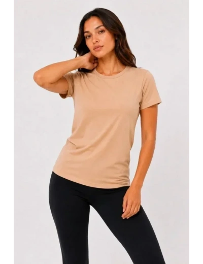 Basic Tişört Bisiklet Yaka Kısa Kol Günlük Yazlık Slim Fit T-Shirt - Bej