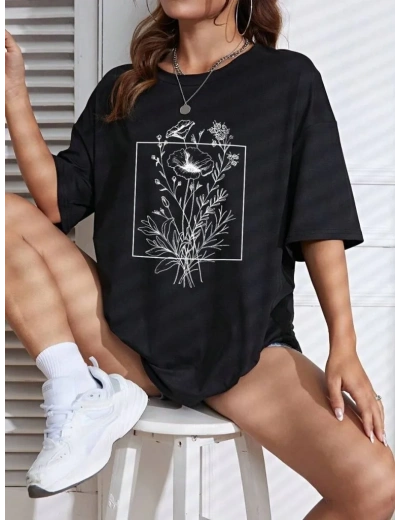 Kadın Kısa Kol Yazlık Tişört Bisiklet Yaka Baskılı Oversize T-Shirt - Siyah