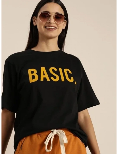 Kadın Kısa Kol Yazlık Tişört Bisiklet Yaka BASIC Baskılı T-Shirt - Siyah