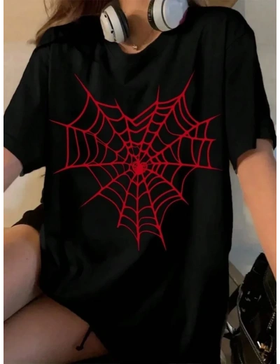 Kadın Örümcek Ağ Baskılı T-Shirt Kısa Kol Bisiklet Yaka Oversize Tişört - Siyah