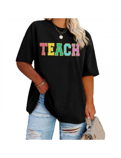 Kadın Baskılı T-Shirt Kısa Kol Bisiklet Yaka Oversize Rahat Kalıp Tişört - Siyah