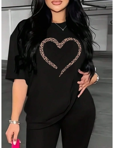 Kadın Kalp Baskılı T-Shirt Kısa Kol Bisiklet Yaka Oversize Tişört - Siyah