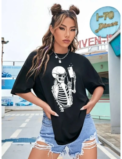 Kadın iskelet Baskılı T-Shirt Kısa Kol Bisiklet Yaka Oversize Tişört - Siyah