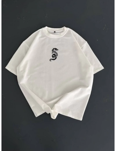 Erkek Baskılı Oversize Bisiklet Yaka T-shirt - Beyaz