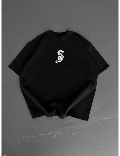 Baskılı Oversize Bisiklet Yaka - Siyah