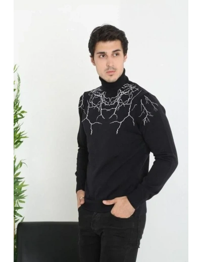 Baskılı Tam Boğazlı Uzun Kol Dokuma Triko - Siyah