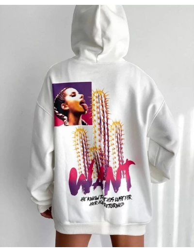 Baskılı Üç İplik Kapüşonlu Oversize Sweatshirt - Beyaz