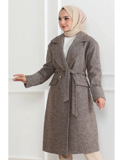 Beli Kuşaklı Yünlü Dokuma Kaşmir Kaban - Vizon