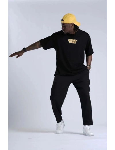 Erkek Kısa Kol Yazlık Tişört Bisiklet Yaka Baskılı Oversize T-Shirt - Siyah