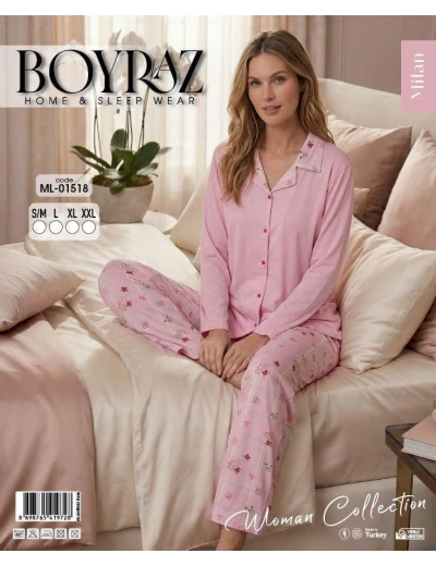 Boyraz ML-01518 Kadın Uzun Kol Boydan Düğmeli Pijama Takımı