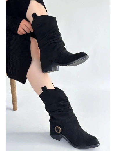 Canty Siyah Süet Körüklü Topuklu Çizme