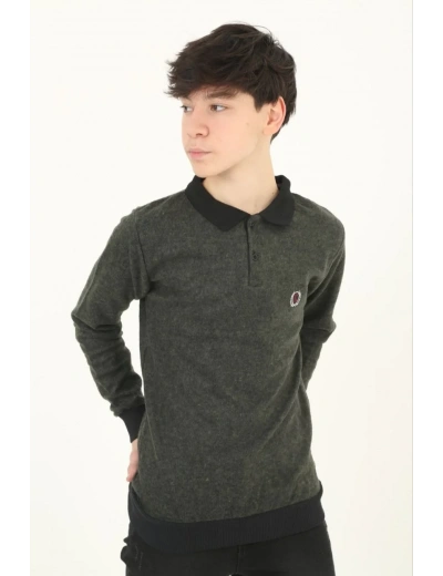 Çocuk Selanik Yaka Nakışlı Kazak - Haki