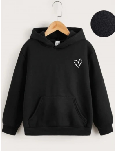 Çocuk Unisex Kapüşonlu Çizgi Kalp Baskılı Sweatshirt - Siyah
