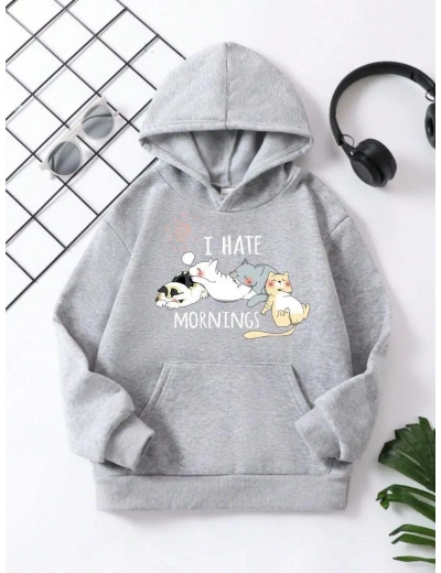Çocuk Unisex Kapüşonlu Kedicik Baskılı Pamuklu Sweatshirt - Gri
