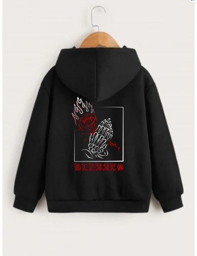 Çocuk Unisex Kapüşonlu Ön ve Arka Blessed Baskılı Sweatshirt - Siyah
