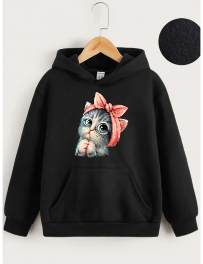 Çocuk Unisex Kapüşonlu Tatlı Kedi Baskılı Sweatshirt - Siyah