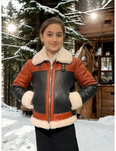 Çocuk Yakalı Parçalı Kürk - Kiremit