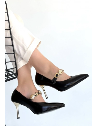 Conne Siyah Cilt Stiletto Ayakkabı