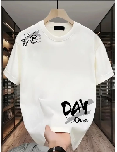 Kadın Day One Baskılı Oversize Bisiklet Yaka T-shirt - Beyaz