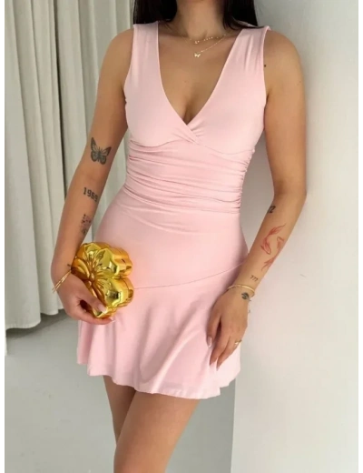 Derin V Yaka Sırt Dekolteli Mini Elbise Drapeli Şık Kolsuz - Pembe