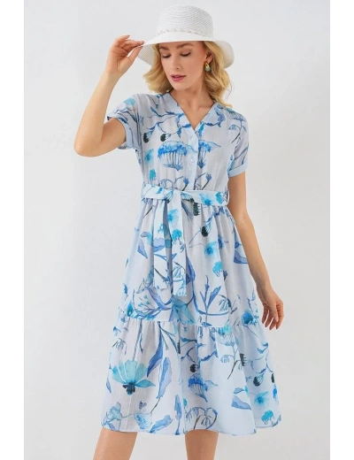 Desenli Kısa Kol Elbise 2558 - Mavi