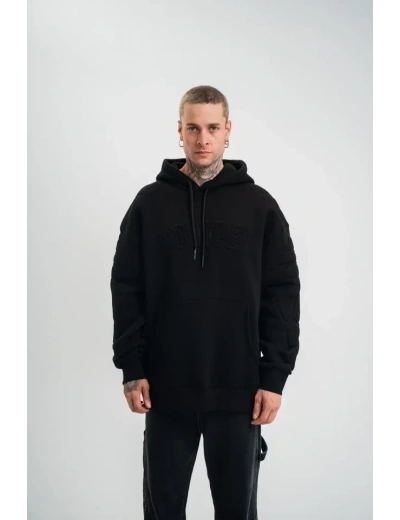 Double Oversize Kapşonlu Nakışlı SweatShirt - Siyah