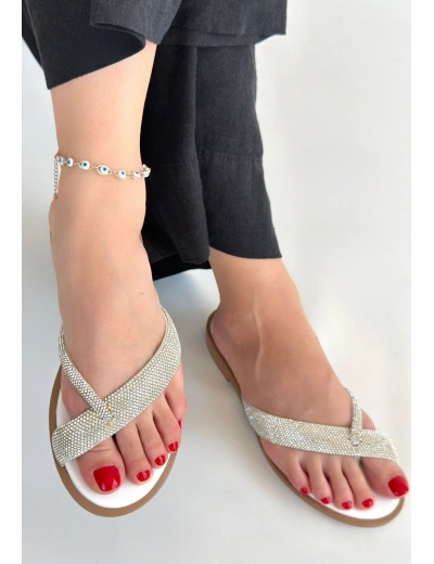 Eday Gümüş Boncuk İşlemeli Terlik