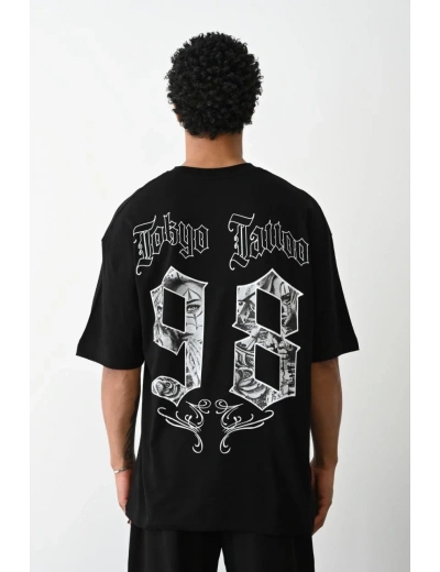 Erkek Kısa Kol Yazlık Tişört Bisiklet Yaka Baskılı Oversize T-Shirt - Siyah