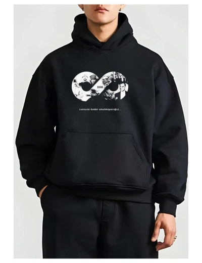 Erkek 10 Kasıma Özel 3 İplik Kapüşonlu Baskılı SweatShirt Hoodie - Siyah