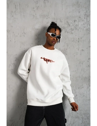 Erkek 3 İplik Pamuklu Bisiklet Yaka Gangster Baskılı Sweatshirt - Beyaz