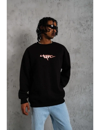 Erkek 3 İplik Pamuklu Bisiklet Yaka Gangster Baskılı Sweatshirt - Siyah