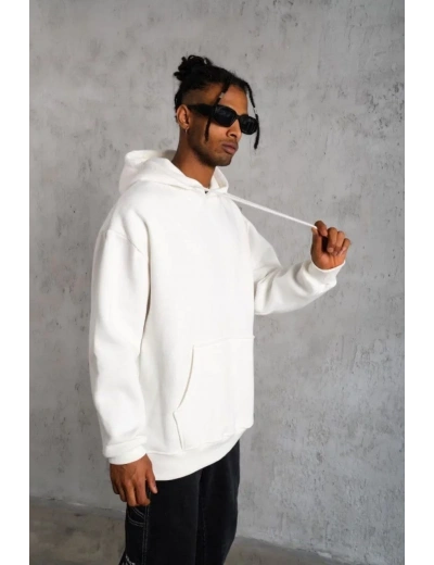 Erkek 3 İplik Pamuklu Kapüşonlu Cepli Düz Oversize Hoodie Sweatshirt - Beyaz