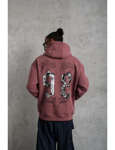 Erkek 3 İplik Pamuklu Kapüşonlu Baskılı Cepli Sweatshirt Hoodie - Gül Kurusu