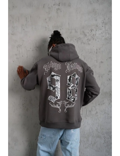 Erkek 3 İplik Pamuklu Kapüşonlu Baskılı Cepli Oversize Sweatshirt Hoodie - Gri