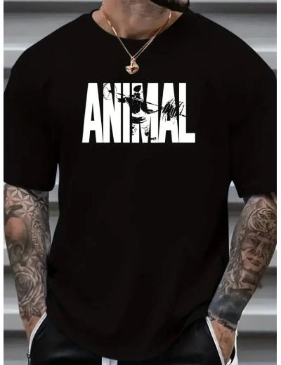 Erkek ANIMAL Baskılı Tişört Bisiklet YakaYazlık T-shirt - Siyah