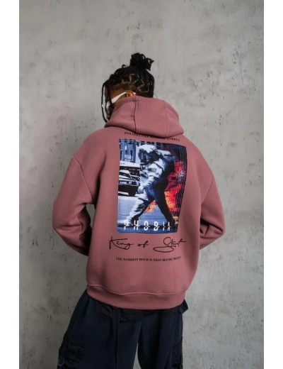 Erkek 3 İplik Pamuklu Kapüşonlu Baskılı Cepli Oversize Sweatshirt Hoodie - Gül Kurusu