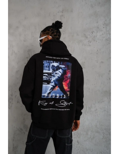 Erkek 3 İplik Pamuklu Kapüşonlu Baskılı Cepli Oversize Sweatshirt Hoodie - Siyah