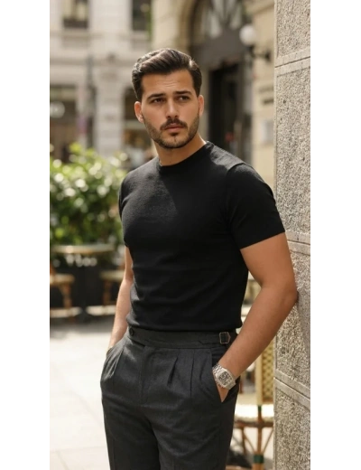 Erkek Basic Bisiklet Yaka Kısa Kollu Triko Tişört - %100 Pamuk Akrilik