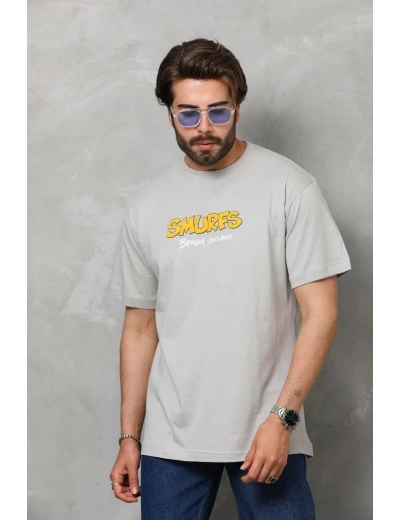 Erkek Kısa Kol Yazlık Tişört Bisiklet Yaka Baskılı Oversize T-Shirt - Gri