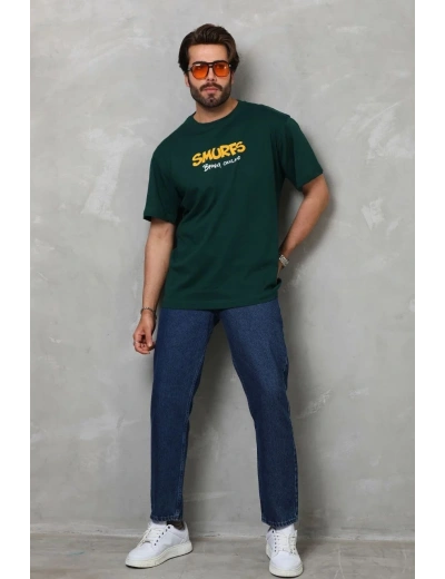 Erkek Kısa Kol Yazlık Tişört Bisiklet Yaka Baskılı Oversize T-Shirt - Yeşil
