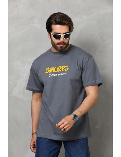 Erkek Kısa Kol Yazlık Tişört Bisiklet Yaka Baskılı Oversize T-Shirt - Füme