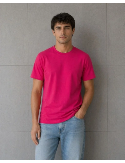 Erkek Basic Pamuklu Tişört Bisiklet Yaka Düz Renk Regular Fit T-Shirt - Fuşya