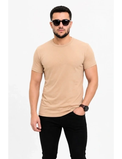 Erkek Basic Tişört Bisiklet Yaka Kısa Kol Günlük Yazlık Slim fit T-Shirt - Bej