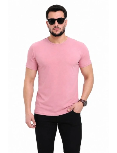 Erkek Basic Tişört Bisiklet Yaka Kısa Kol Günlük Yazlık Slim fit T-Shirt - Pembe