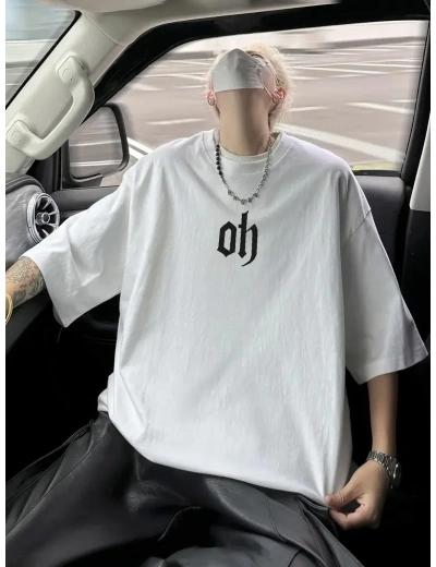 Erkek Kısa Kol Yazlık Tişört Bisiklet Yaka Baskılı Oversize T-Shirt - Beyaz