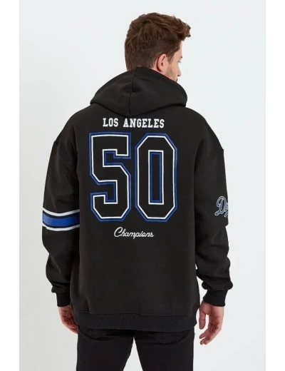 Erkek Baskılı Kapşonlu Üç Iplik Oversize Sweatshirt - Siyah