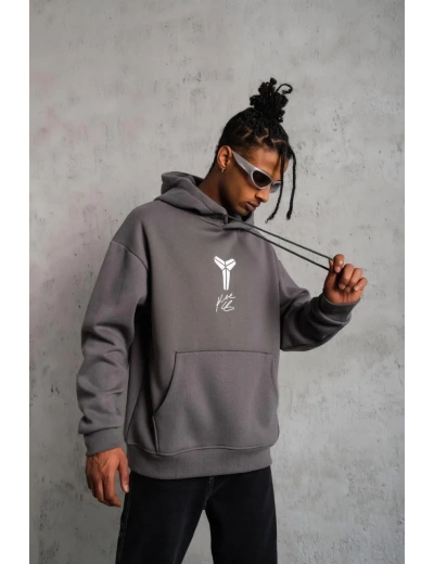 Erkek Baskılı Kapüşonlu 3 iplik pamuklu Hoodie Sweatshirt - Gri