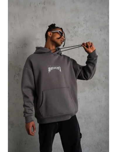 Erkek Baskılı Kapüşonlu ve Kanguru Cepli Sweat- Gri